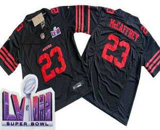 Mens San Francisco 49ers #23 Christian McCaffrey Limited Black LVIII Super Bowl FUSE Vapor Jersey->san francisco 49ers->NFL Jersey